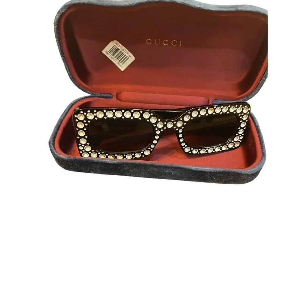GUCCI black rectangle Diamond Cut Embellished Interlocking Gold G Sunglasses Vtg